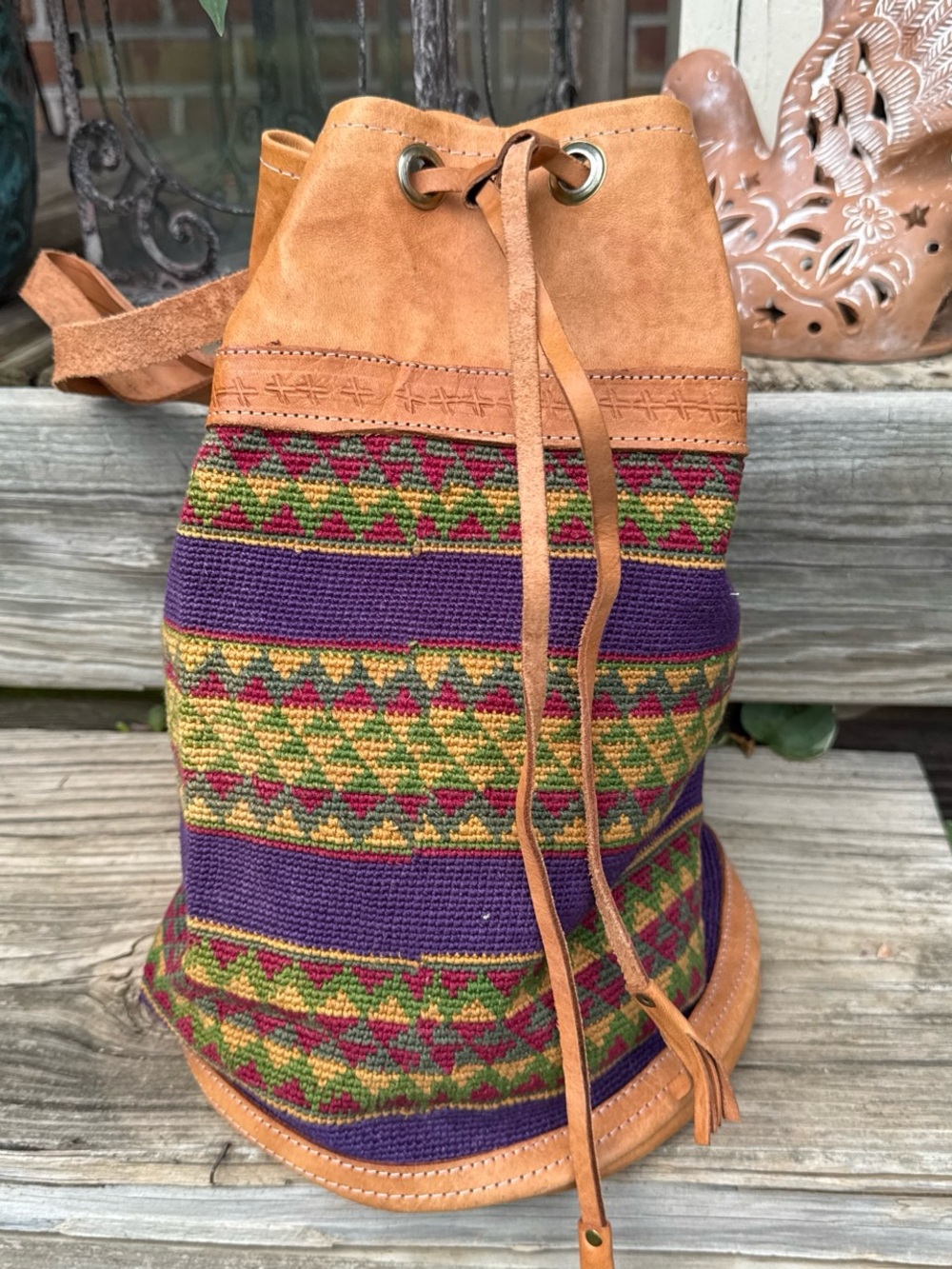 Guatemala Boho Woven Drawstring Bucket Bag - Purple & Tan